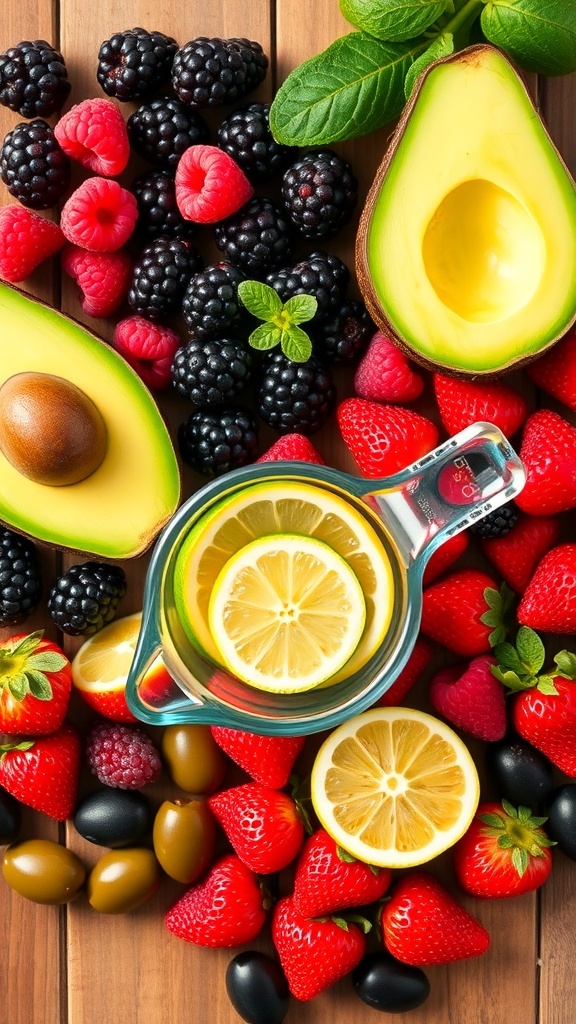 A colorful assortment of low-carb fruits including avocados, blackberries, raspberries, strawberries, and olives on a wooden table.